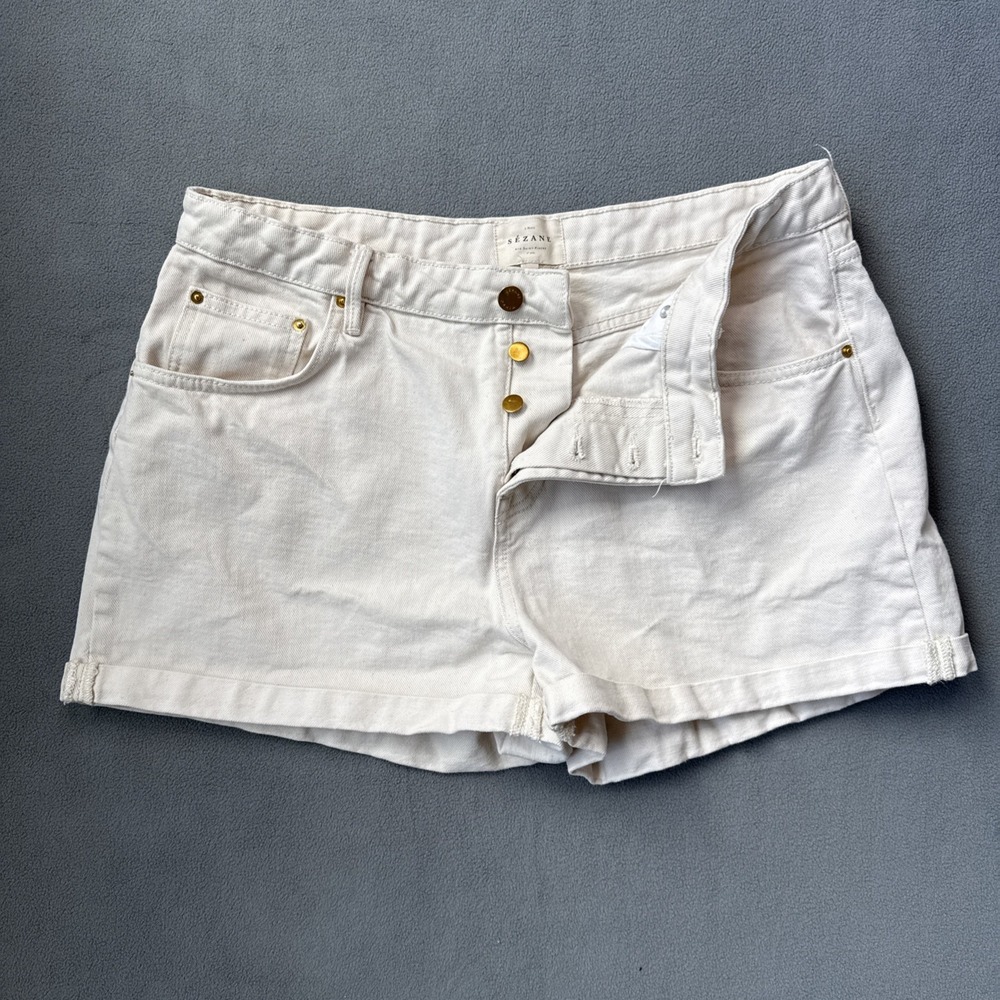Sezane Twill Denim Shorts Ivory Ecru Niels 2" Womens 12 Cuffed Cotton FR44
